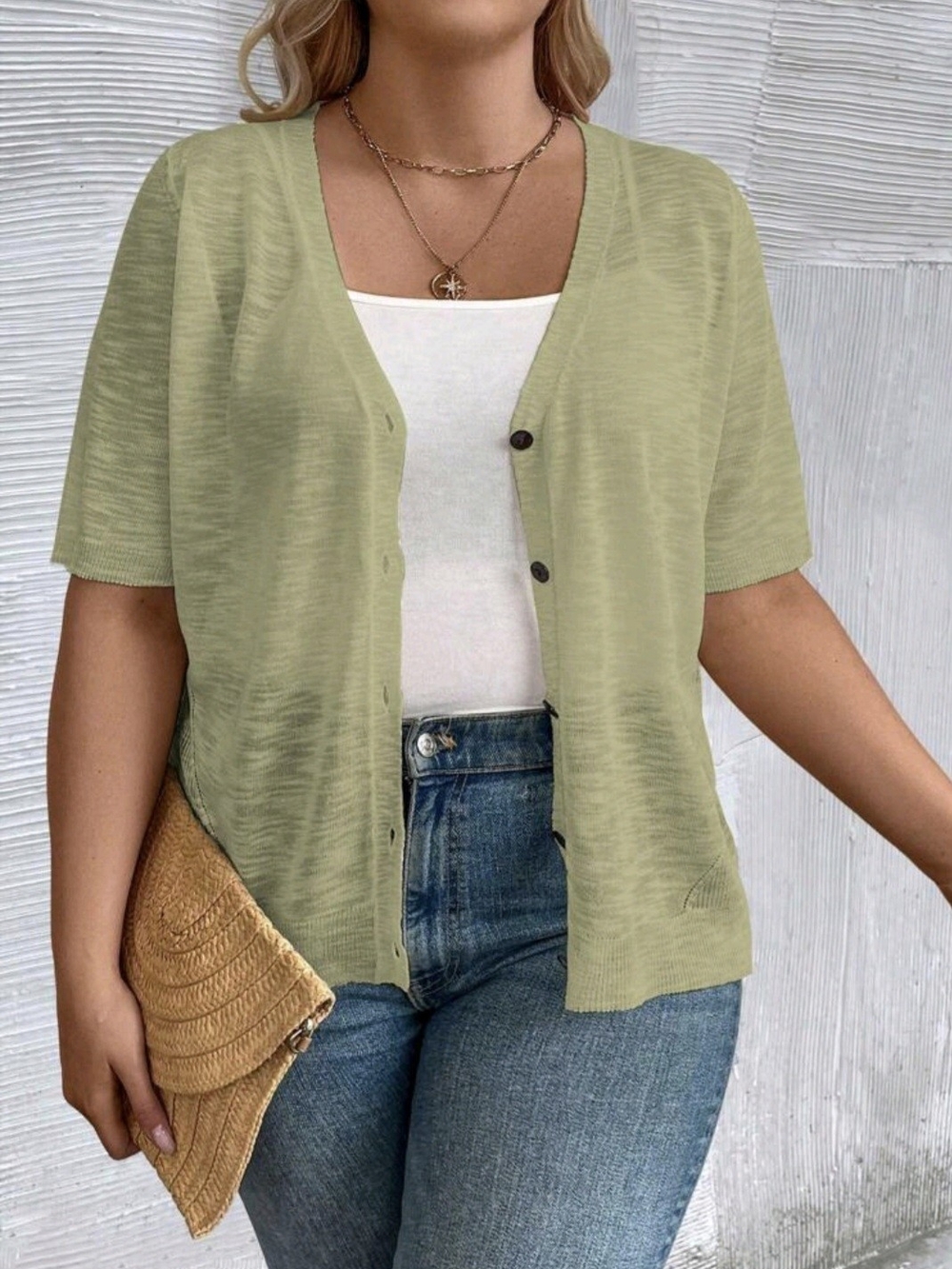 SHEIN LUNE Plus Size Holiday Casual Solid Color Short Sleeve Thin Cardigan 0XL